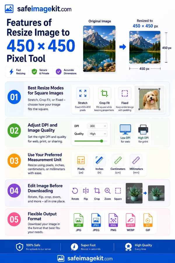 Features of a 450×450 pixel image resizer