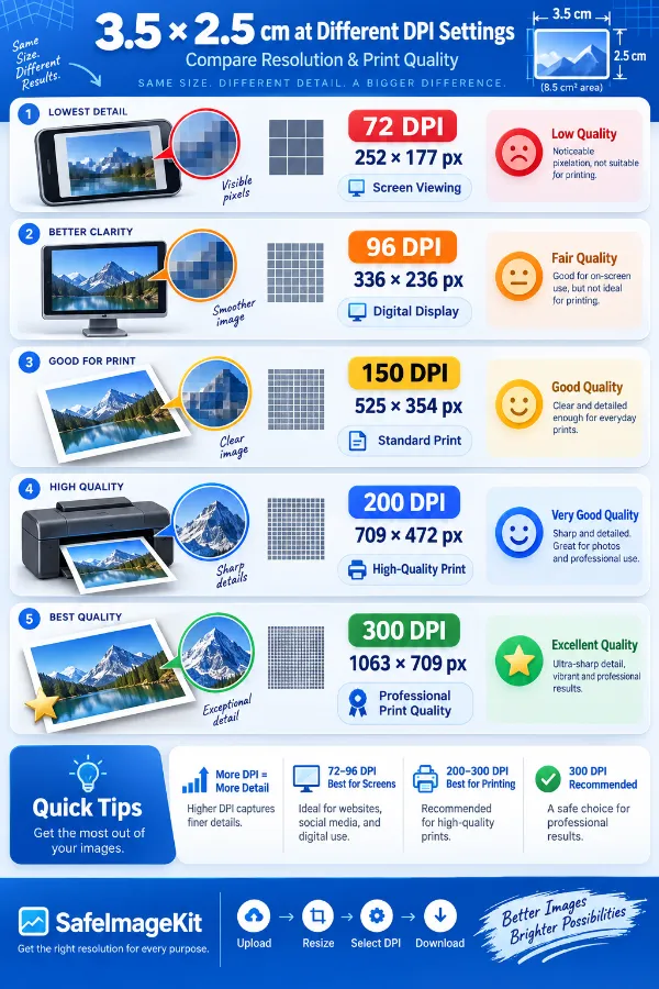 3.5 × 2.5 cm image size shown at different DPI settings